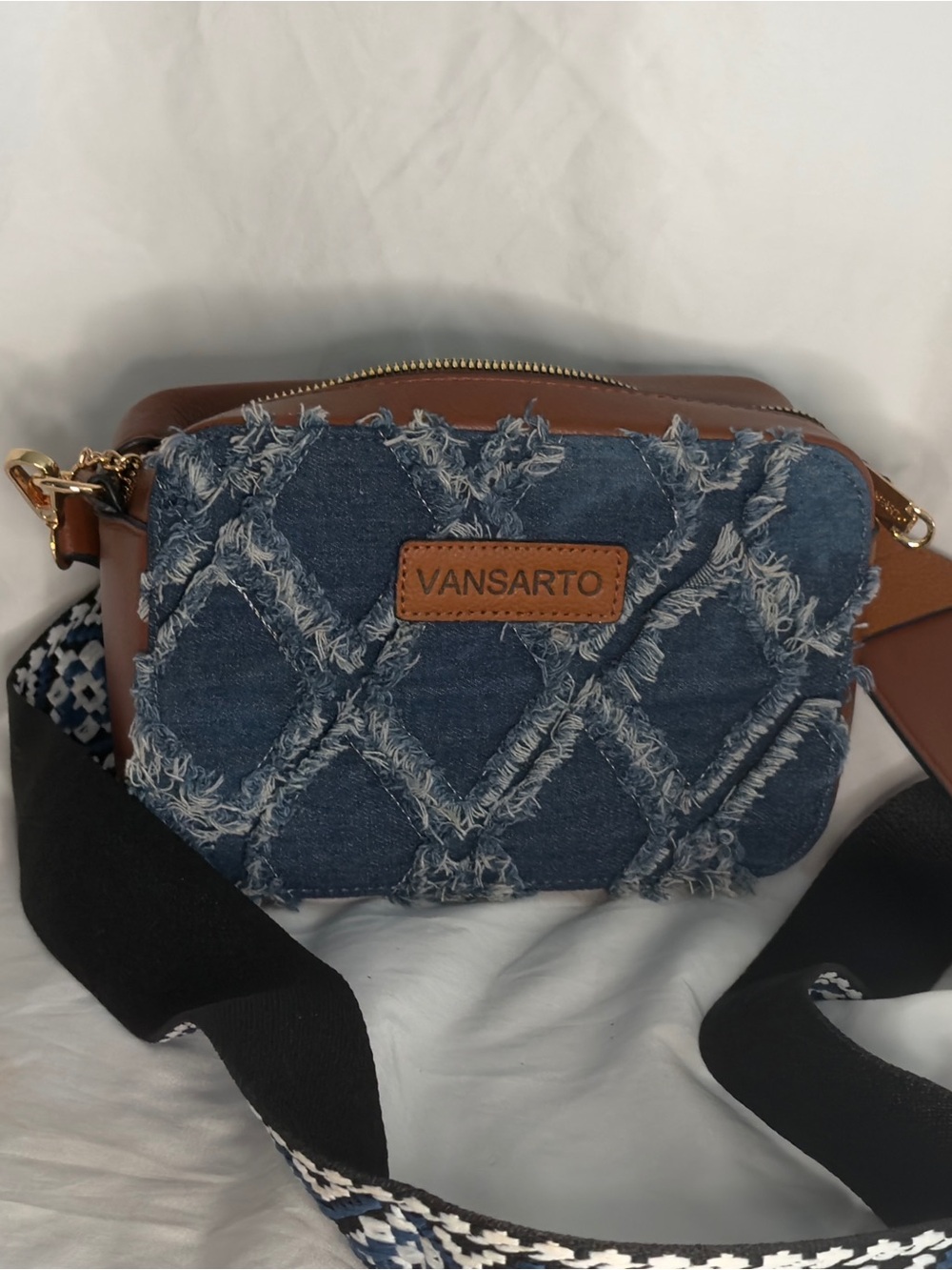 Blue Denim Crossbody Bag with Brown Trim